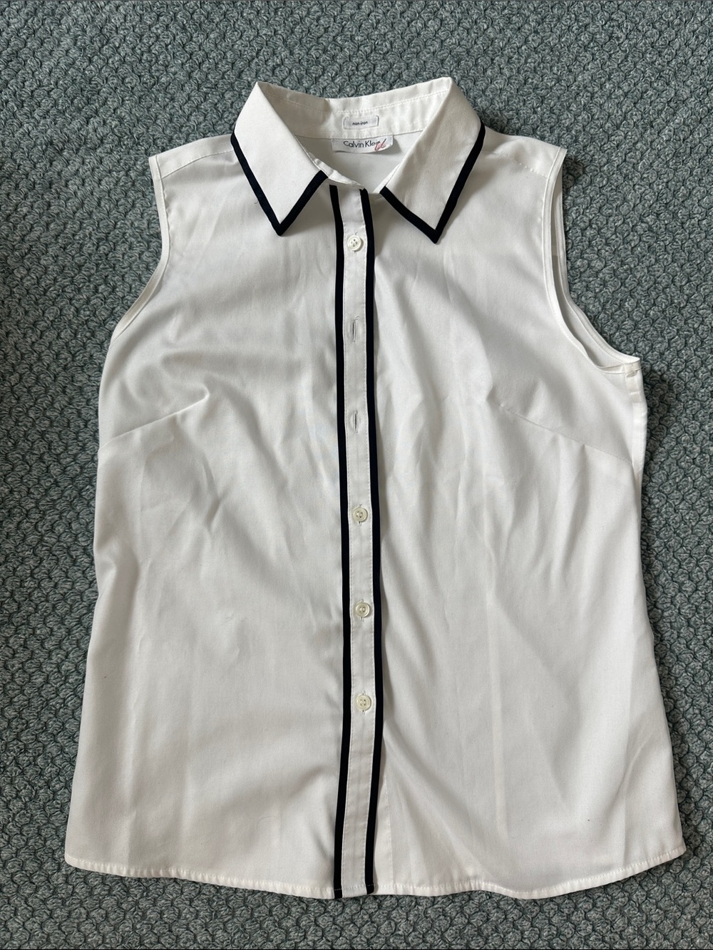 Calvin Klein White Sleeveless Button-Down Shirt with Black Trim